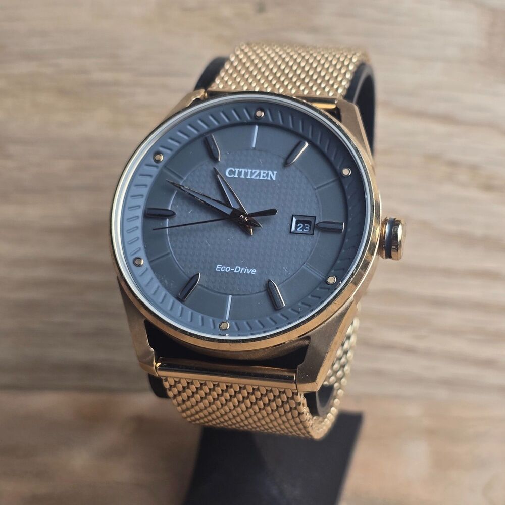Citizen Eco-Drive Gold Tone Gray Dial Mesh Watch New Battery Fully Functional